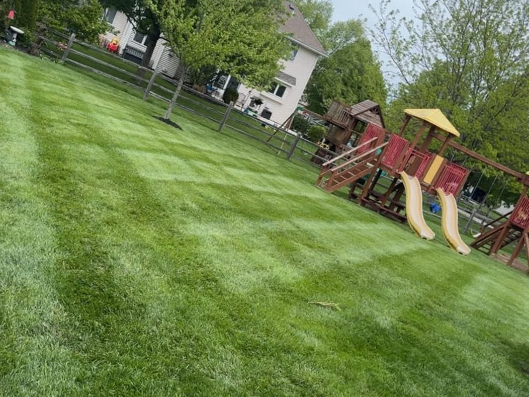 Backyard lawn striped around a wooden playset