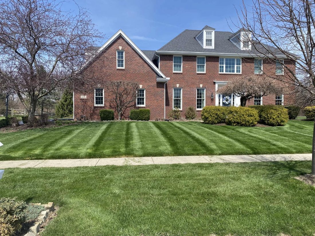 Well-kept striped lawn at a brick home